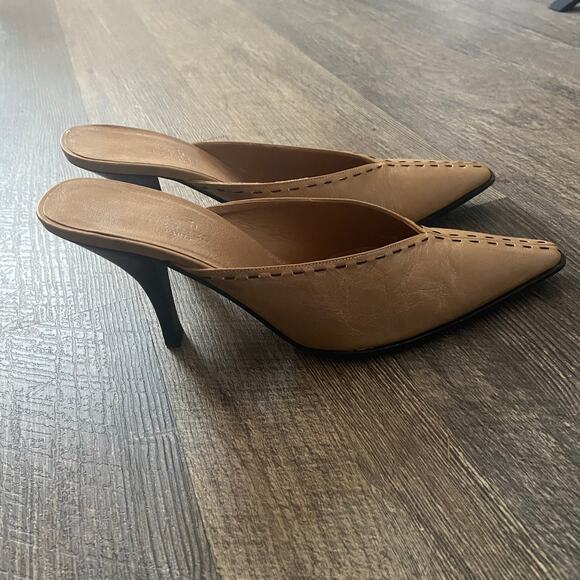 Hermès Tan Leather Stitched Trim Mule Heels, Sz 38 / 7.5 - Picture 11 of 16